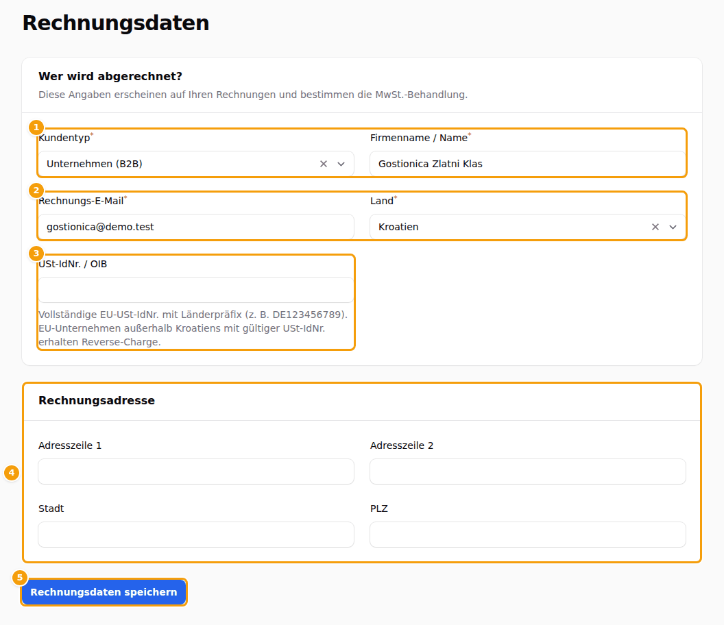 Die Seite Rechnungsdaten: Kundentyp und Firmenname (1), Rechnungs-E-Mail und Land (2), USt-IdNr. (3), die Adresse (4) und Rechnungsdaten speichern (5)