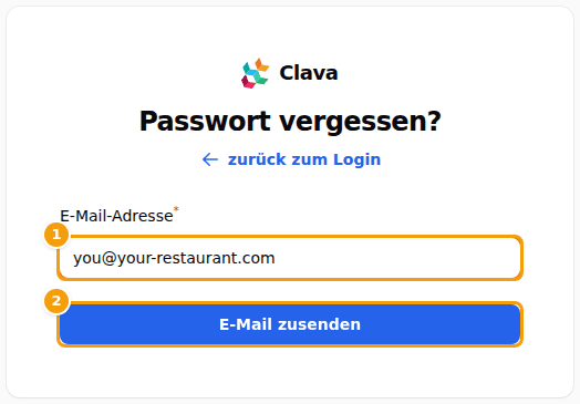 Die Seite Passwort vergessen: Ihre E-Mail-Adresse (1) und die Schaltfläche zum Senden (2)