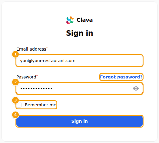 The sign-in page: email address (1), password (2), Remember me (3) and the Sign in button (4)