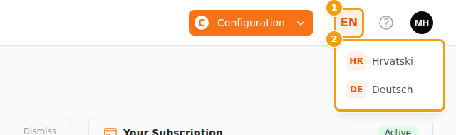 The language button (1) with the other languages (2)