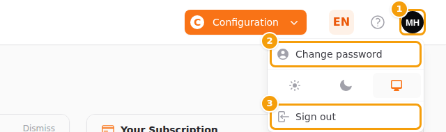 The avatar menu: the avatar (1), Change password (2) and Sign out (3)