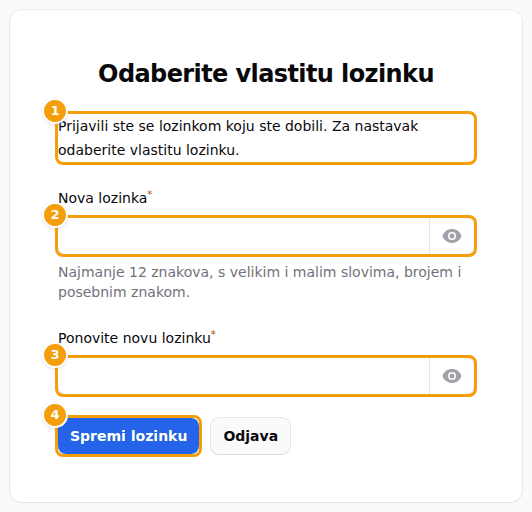 Stranica „Odaberite vlastitu lozinku": napomena (1), nova lozinka (2), ista lozinka još jednom (3) i Spremi lozinku (4)