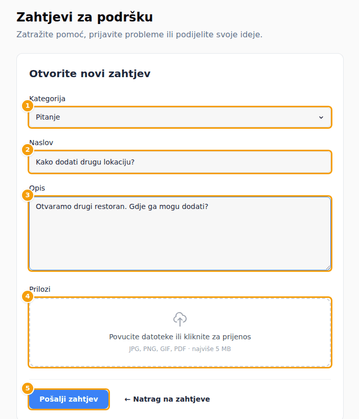 Obrazac Otvorite novi zahtjev: kategorija (1), naslov (2), opis (3), prilozi (4) i Pošalji zahtjev (5)