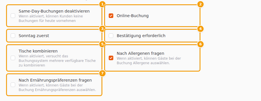Die sieben Schalter: Same-Day-Buchungen deaktivieren (1), Online-Buchung (2), Sonntag zuerst (3), Bestätigung erforderlich (4), Tische kombinieren (5), Nach Allergenen fragen (6) und Nach Ernährungspräferenzen fragen (7)