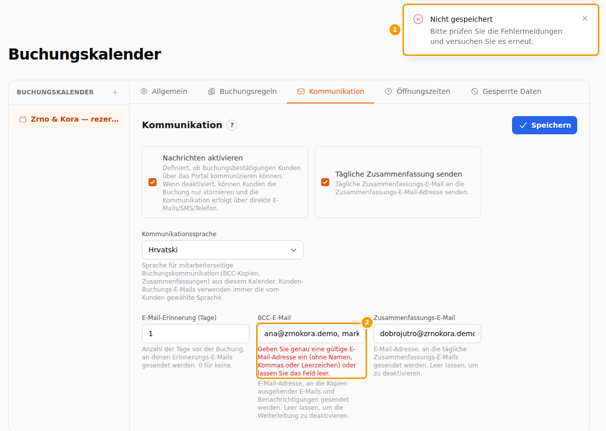Die rote Meldung Nicht gespeichert (1) und der rote Text unter BCC-E-Mail (2)
