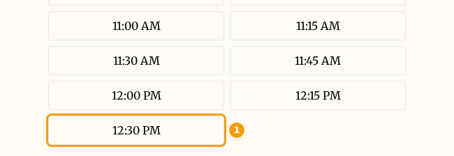 The guest's list of times on a day with 14:00–18:00 blocked: the last one is 12:30 PM (1)