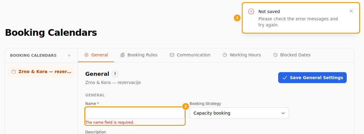 A red message Not saved (1) and the empty Name with its red note (2)