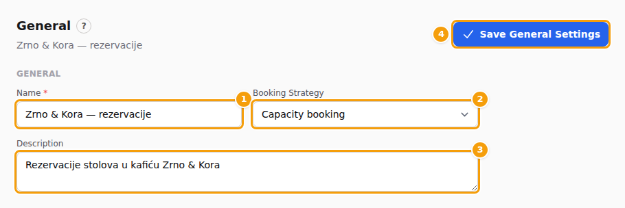The General tab: Name (1), Booking Strategy (2), Description (3) and Save General Settings (4)