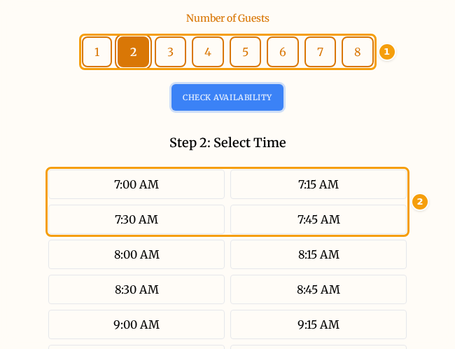 The guest's booking page: the number of guests (1) and the first start times (2)