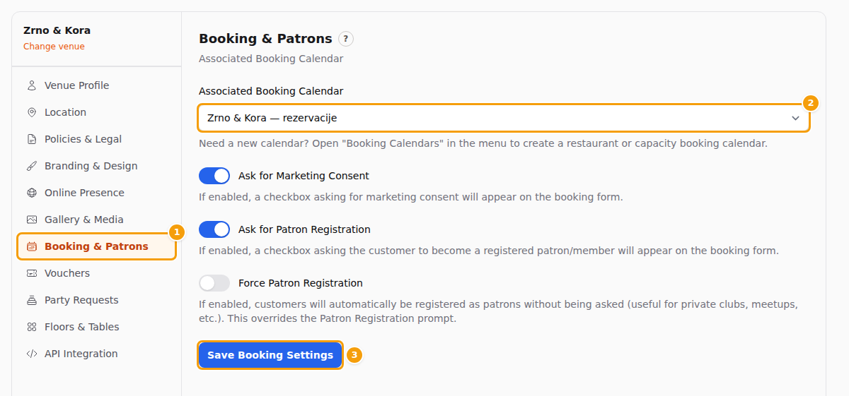 Venue Setup: the tab Booking & Patrons (1), Associated Booking Calendar (2) and Save Booking Settings (3)