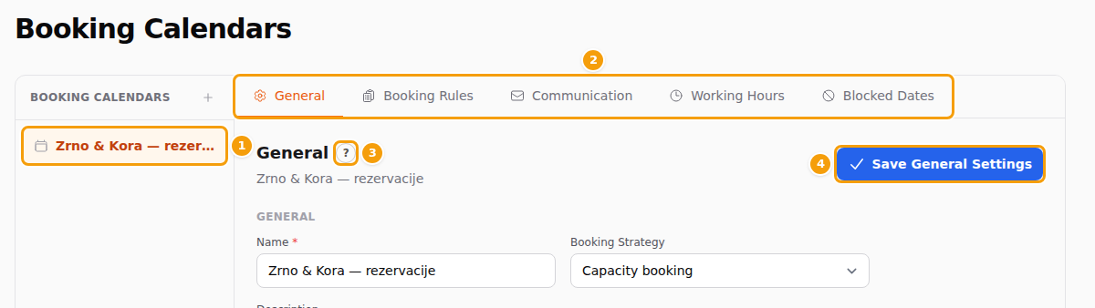 An open calendar: the calendar in the list (1), the five tabs (2), the round help button (3) and the save button (4)