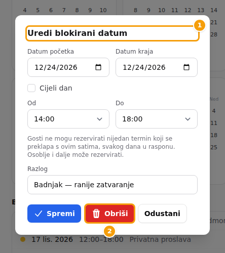 Prozor Uredi blokirani datum: naslov (1) i Obriši (2)