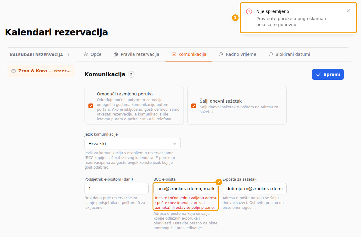Crvena poruka Nije spremljeno (1) i crveni tekst ispod polja BCC e-pošta (2)
