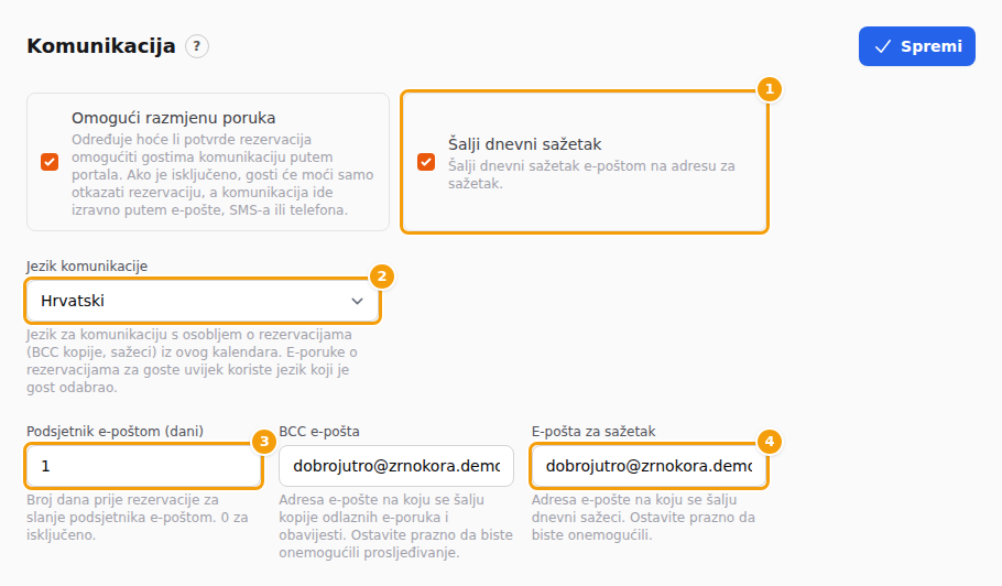 Šalji dnevni sažetak (1), Jezik komunikacije (2), Podsjetnik e-poštom (dani) (3) i E-pošta za sažetak (4)