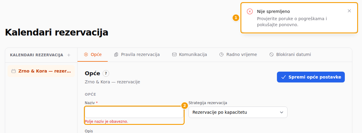 Crvena poruka Nije spremljeno (1) i prazan Naziv s crvenom napomenom (2)