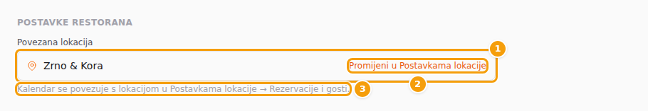 Povezana lokacija (1), poveznica pokraj nje (2) i redak s uputom (3)