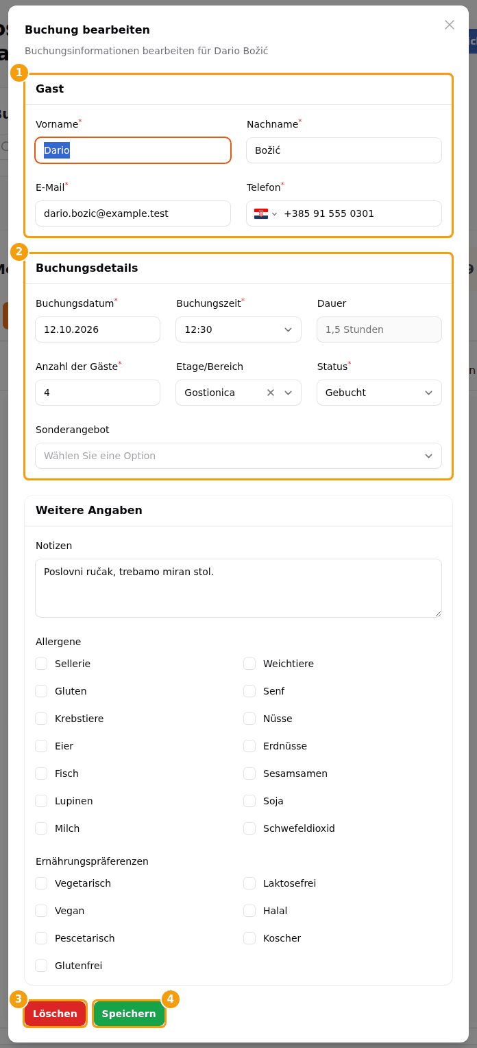 Das Fenster Buchung bearbeiten: der Gast (1), die Buchungsdetails (2), Löschen (3) und Speichern (4)