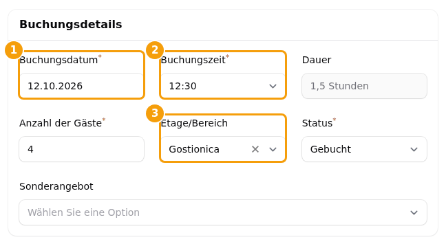 Eine Buchung verschieben: das Datum (1), die Zeit (2) und der Bereich (3)