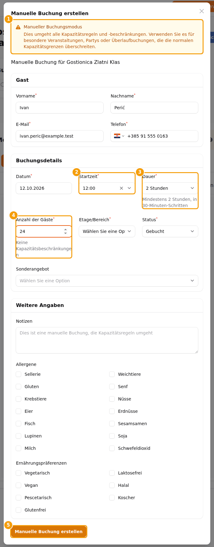 Das Fenster Manuelle Buchung: der Hinweis (1), Startzeit (2), Dauer (3), Anzahl der Gäste (4) und Manuelle Buchung erstellen (5)