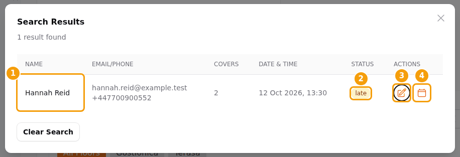 The search results: the guest (1), the status (2), the pencil (3) and the calendar icon (4)