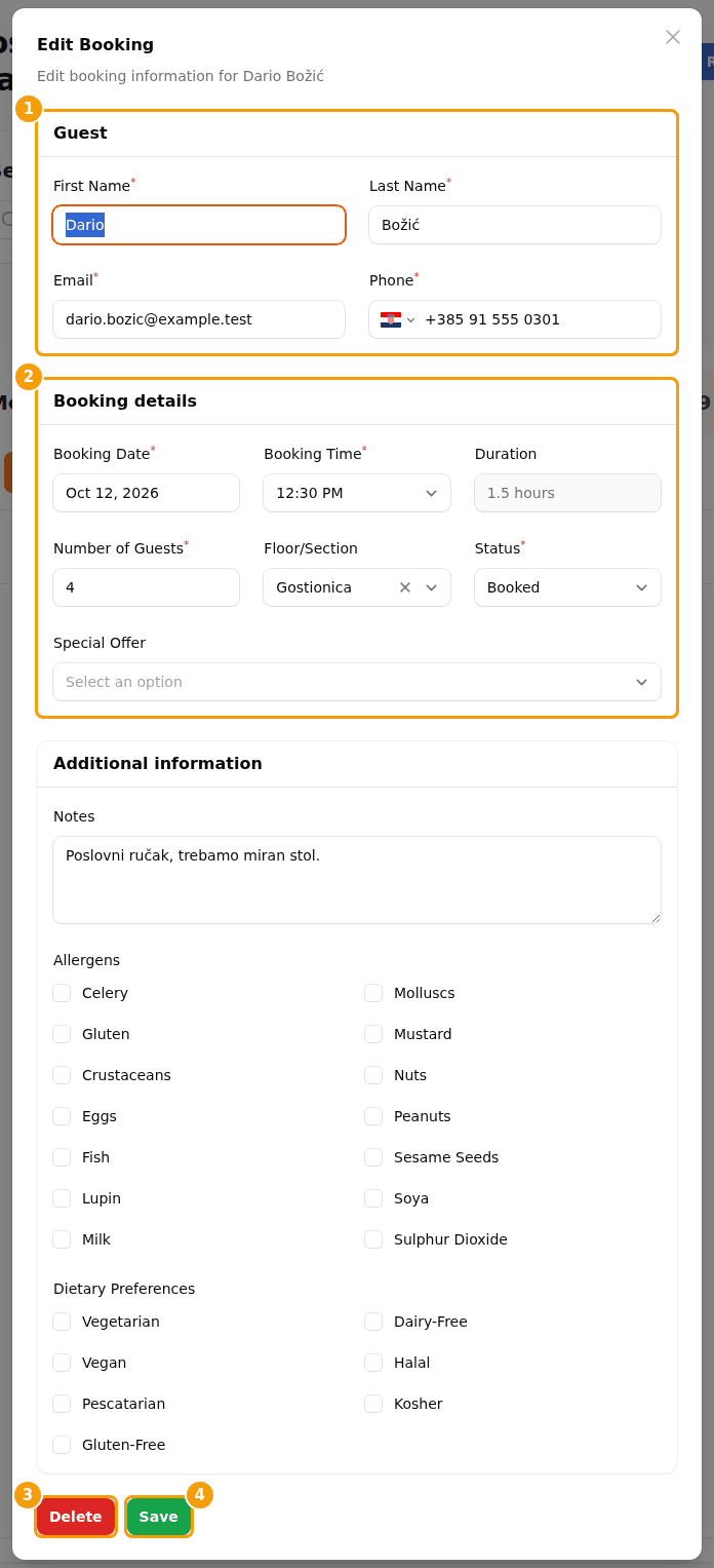 The window Edit Booking: the guest (1), the booking details (2), Delete (3) and Save (4)