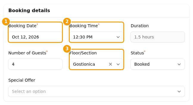 Moving a booking: the date (1), the time (2) and the area (3)