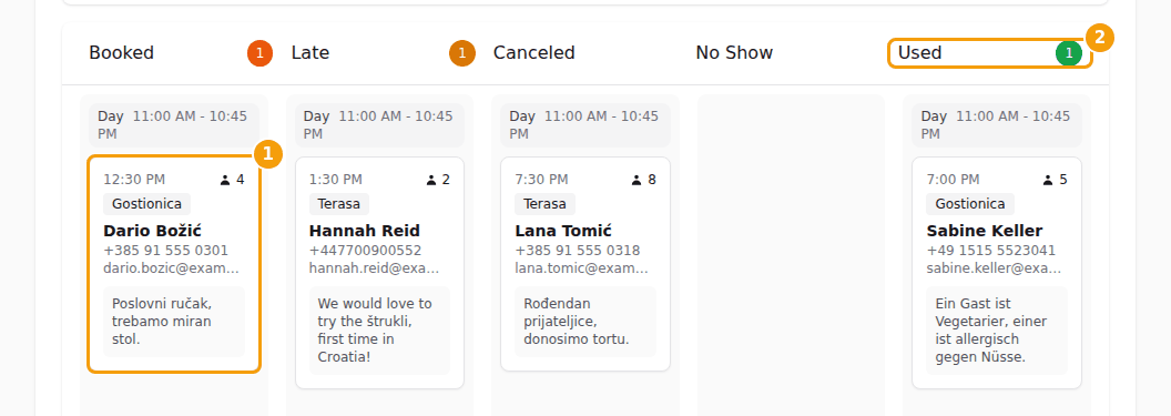 Drag a card (1) into the column of its new status (2)