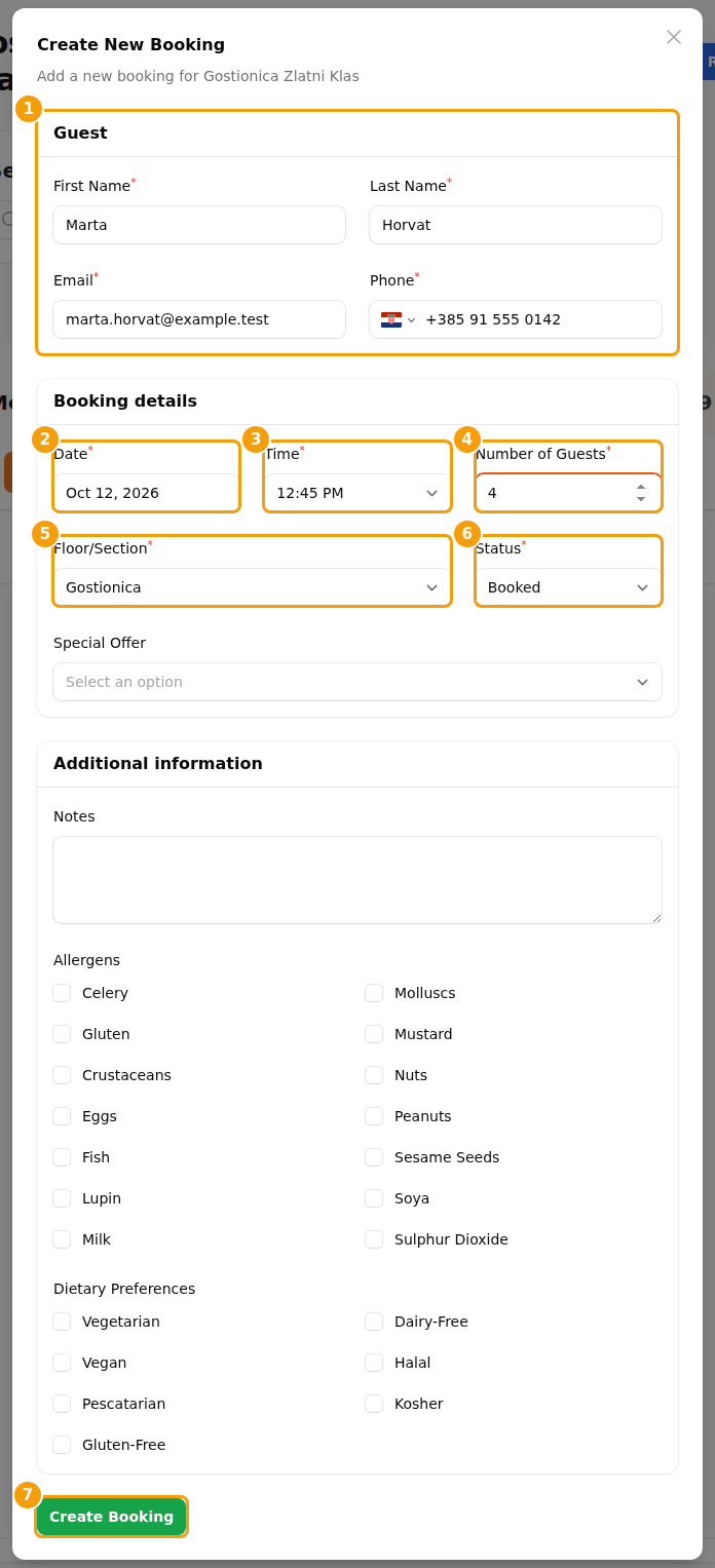 The window for a new booking: Guest (1), Date (2), Time (3), Number of Guests (4), Floor/Section (5), Status (6) and Create Booking (7)