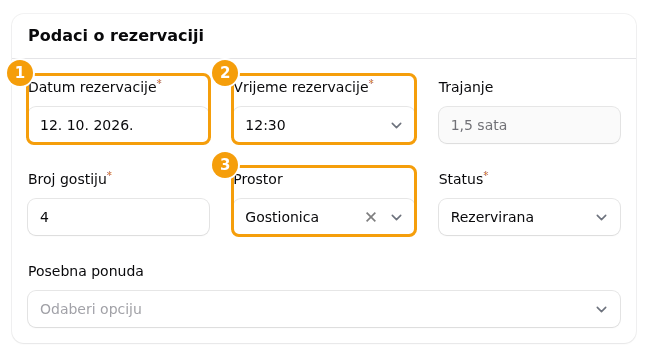 Premještanje rezervacije: datum (1), vrijeme (2) i prostor (3)