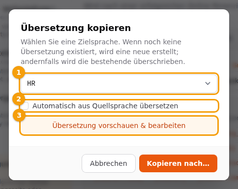 Das Fenster Übersetzung kopieren: die Zielsprache (1), die KI-Option (2) und Übersetzung vorschauen & bearbeiten (3)