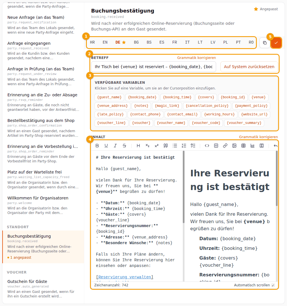 Der Editor: die Sprach-Tabs (1), der Betreff (2), die verfügbaren Variablen (3), der Inhalt (4) und Speichern (5)