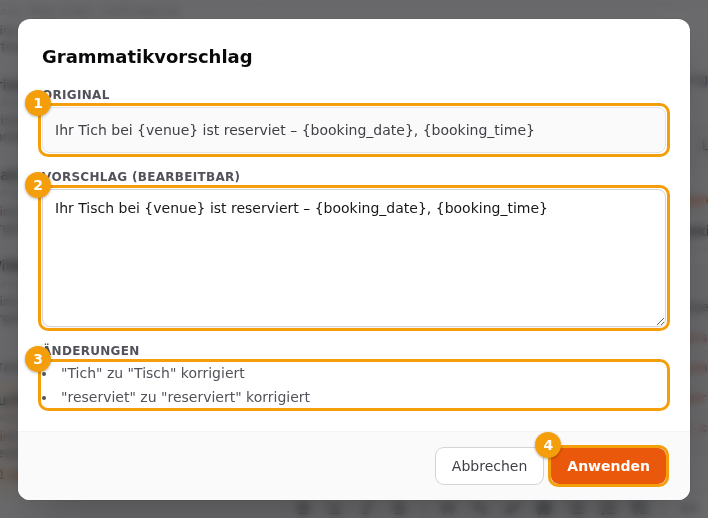 Das Fenster Grammatikvorschlag: das Original (1), der bearbeitbare Vorschlag (2), die Änderungen (3) und Anwenden (4)