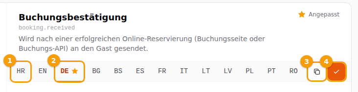 Die Sprach-Tabs: eine Sprache ohne Stern (1), eine angepasste Sprache mit Stern (2), Kopieren nach (3) und Speichern (4)