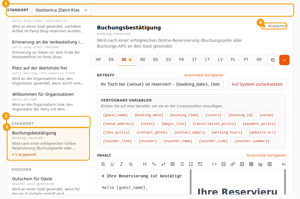 Die Liste: das Feld Standort (1), eine Gruppe (2), eine Vorlage mit „1 angepasst” (3) und die Stern-Legende (4)