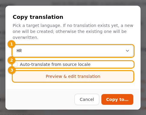 The Copy translation window: the target language (1), the AI option (2) and Preview & edit translation (3)
