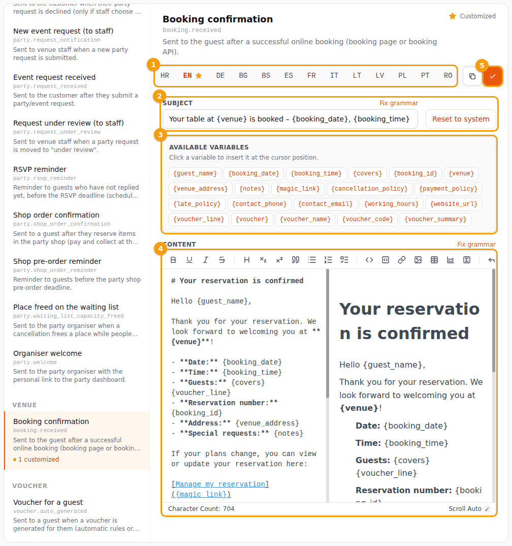The editor: the language tabs (1), the subject (2), the available variables (3), the content (4) and Save (5)