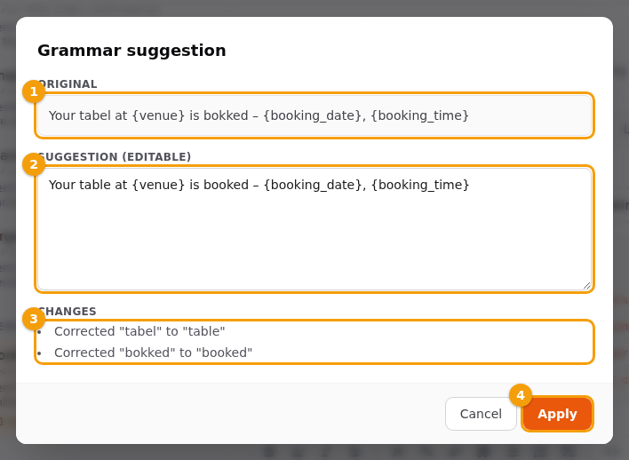 The Grammar suggestion window: the original (1), the editable suggestion (2), the changes (3) and Apply (4)