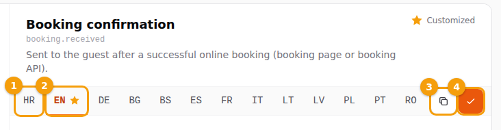The language tabs: a language without a star (1), a customized language with a star (2), Copy to (3) and Save (4)