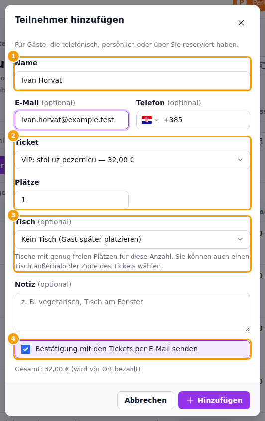 Name (1), Ticket und Plätze (2), Tisch (3) und die Bestätigung per E-Mail (4)