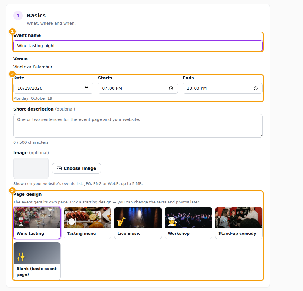 Event name (1), date and times (2) and the page design (3)