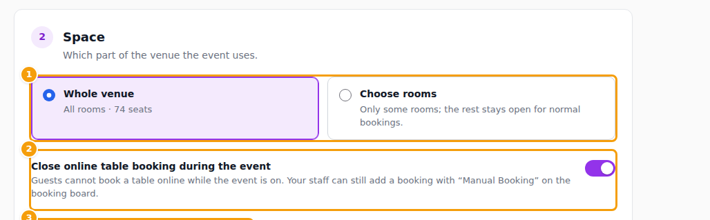 Whole venue or rooms (1), closing online table booking (2) and the number of guests (3)