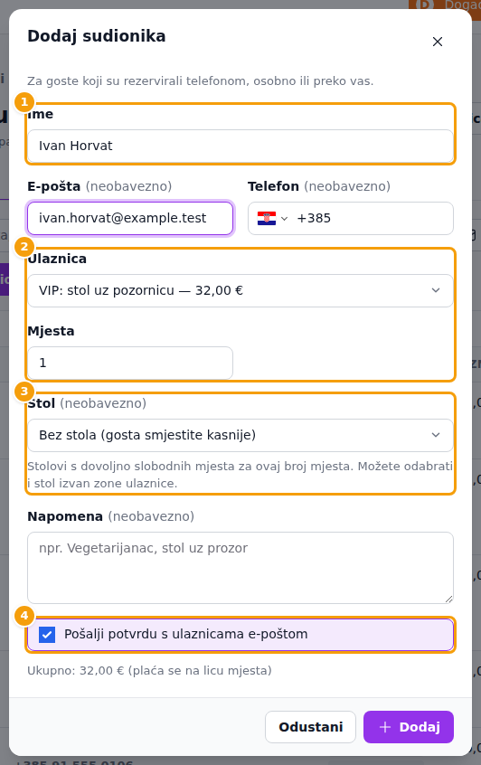 Ime (1), ulaznica i mjesta (2), stol (3) i potvrda e-poštom (4)