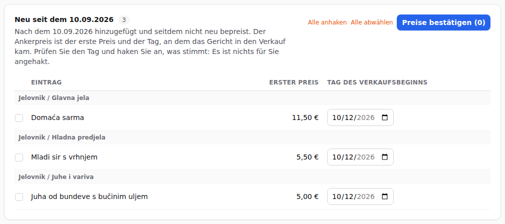 Neu seit dem Stichtag: der erste Preis und der Tag des Verkaufsbeginns jedes Gerichts