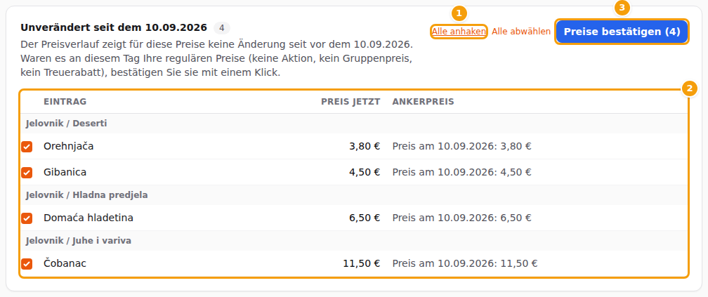 Unverändert seit dem Stichtag: Alle anhaken (1), die Liste mit dem Preis, den das Gericht hatte (2), und Preise bestätigen (3)
