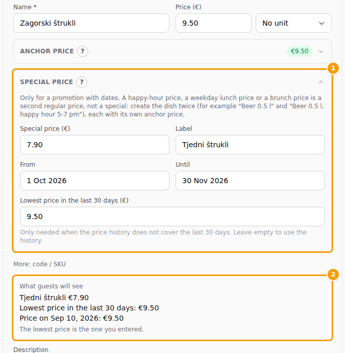The Special price block (1) and what guests will see (2)