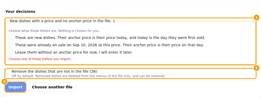 Your decisions (1), removing dishes that are not in the file (2) and the Import button (3)