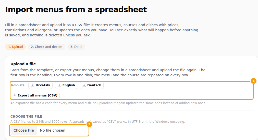 The upload step: the templates and the export (1), and the file chooser (2)