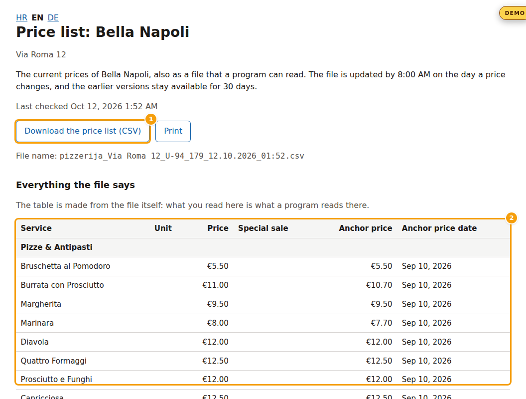 The public price list page of a location
