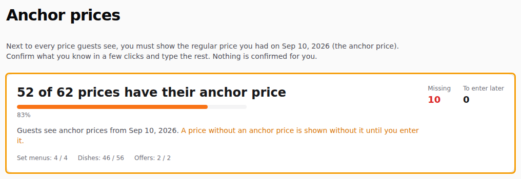 The summary: how many prices have their anchor price, how many are missing and how many are left for later