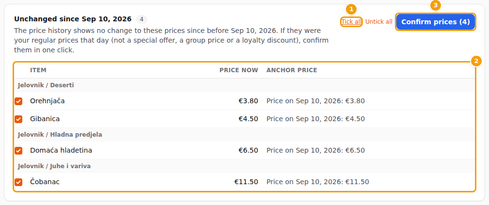 Unchanged since the reference day: Tick all (1), the list with the price it had (2) and Confirm prices (3)